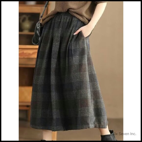 Vintage Plaid Wool Skirt High Elastic Waist A-Line Pleated Midi Long - Picture 5 of 5